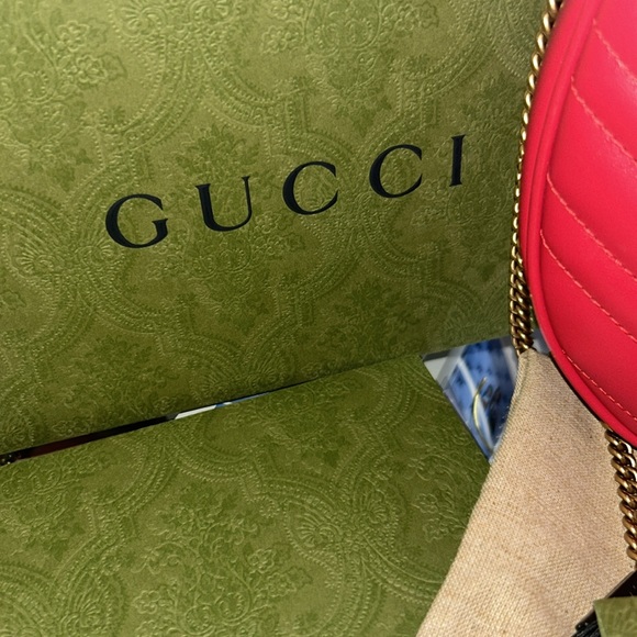 Gucci Red Matelassé Leather Mini GG Marmont Half Moon Shoulder Bag - Picture 7 of 9